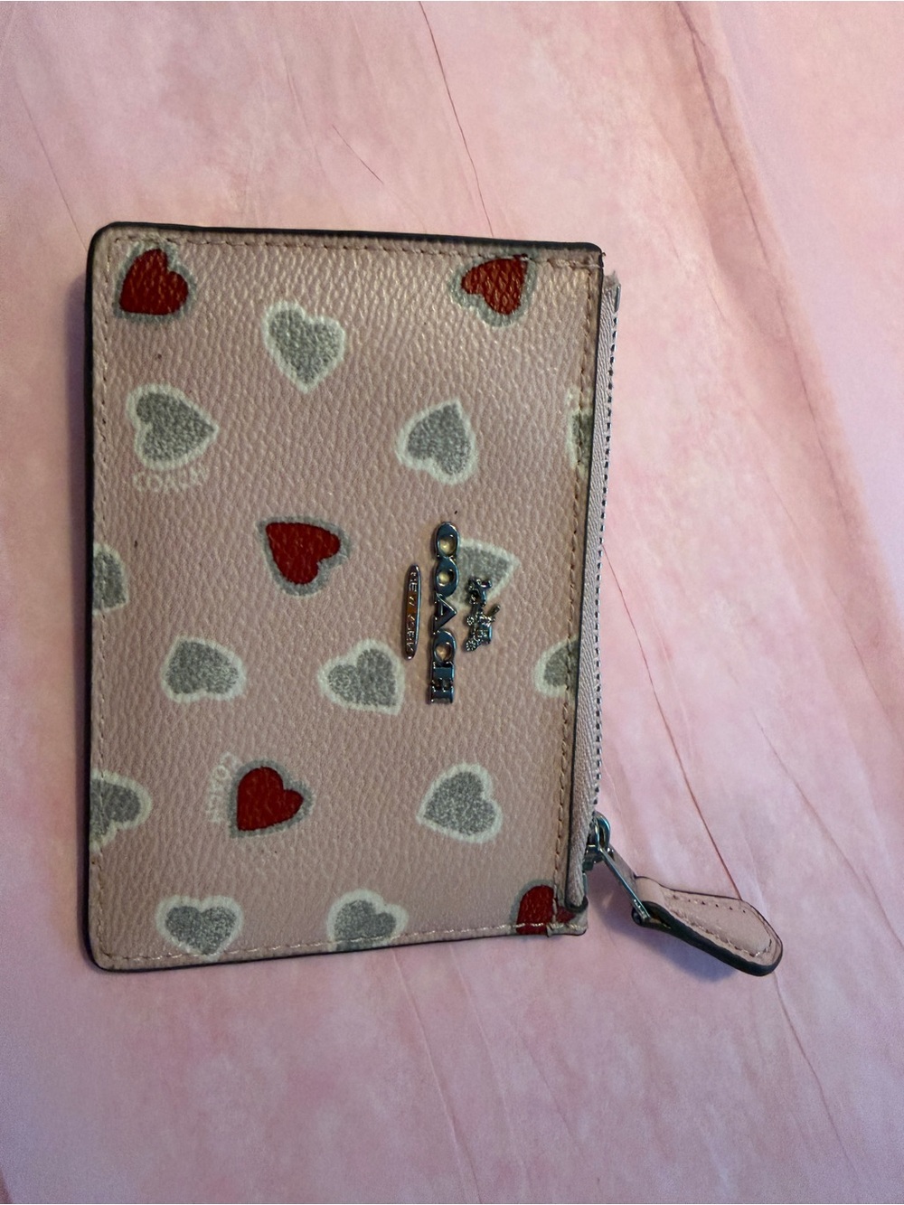 Coach Pink Card Case with Red & White Heart Print